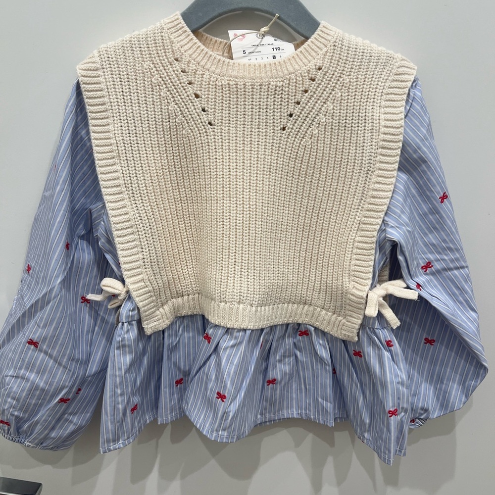 Zara Light Blue and Cream Kids Blouse with Knit Overlay - Picture 2 of 6